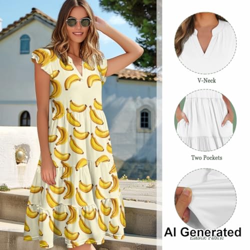 Image of Women's Casual Ruffle Sleeve Dress V Neck Pullover Dress Flowy A-Line Pleated Lightweight Dress with Pockets