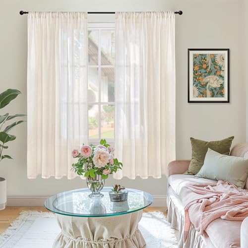 Image of BGment Beige Linen Curtains 63 Inch Length for Living Room - Cream Semi Sheer Drapes Rod Pocket Rustic Natural for Bedroom Country Decorative Light Filtering, 2 Panels, Each Panel 52 Inch Wide