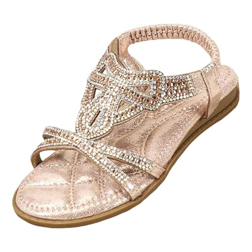Girls Bohemian Rhinestone Sandals Kids Summer Beach Wedding Crystal Open Toe Flats Sandal with Elastic Ankle Strap