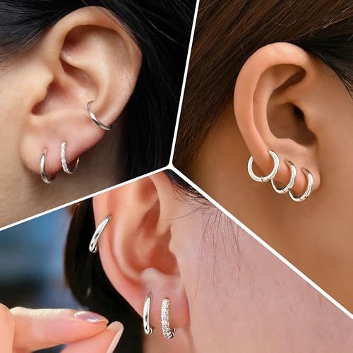 Image of Small Gold Huggie Hoop Earrings Set for Women Men Hypoallergenic 14K Plated Stack Cartilage Earrings, Sterling Silver Multiple Piercing Lightweight Mini Thin Cute Dainty Trendy Jewelry Gifts for Women