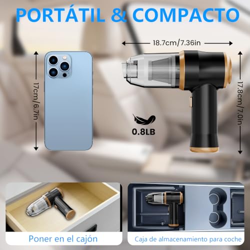 Miniatura 5 de Mini Aspiradora para Coche 15000 Pa – Aspiradora Portátil Inalámbrica de Mano y Soplete de Aire con 2 Filtros, Ideal para Coche, Sofá, Oficina, Mascotas y Hogar