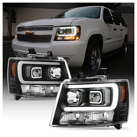 ACANII - For 2007-2014 Chevy Suburban Tahoe Avalanche Black OPTIC LED Tube Projector Headlights Headlamps Set Left+Right, Onyx Black V3