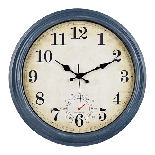 Horizent Large Outdoor Clocks Waterproof with Thermometer Combo Rustic Coastal Wall Clock Decor for Bathroom Patio Pool (16 Inch Blue)