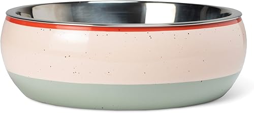 Fringe Studio "Speckled Stripe Multi Medium Ceramic Pet Bowl WStainless Steel Bowl Insert (6.5 pulgadas de diámetro x 2.5 pulgadas de alto, 26 onzas