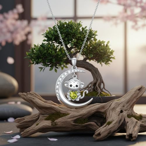 Image of PROESS Animal Birthstone Necklace 925 Sterling Silver Otter /Axolotl /Hippo /Elephant /Dachshund /Monkey /Red Panda Pendant Necklace Animal Birthstone Jewelry Gifts for Women
