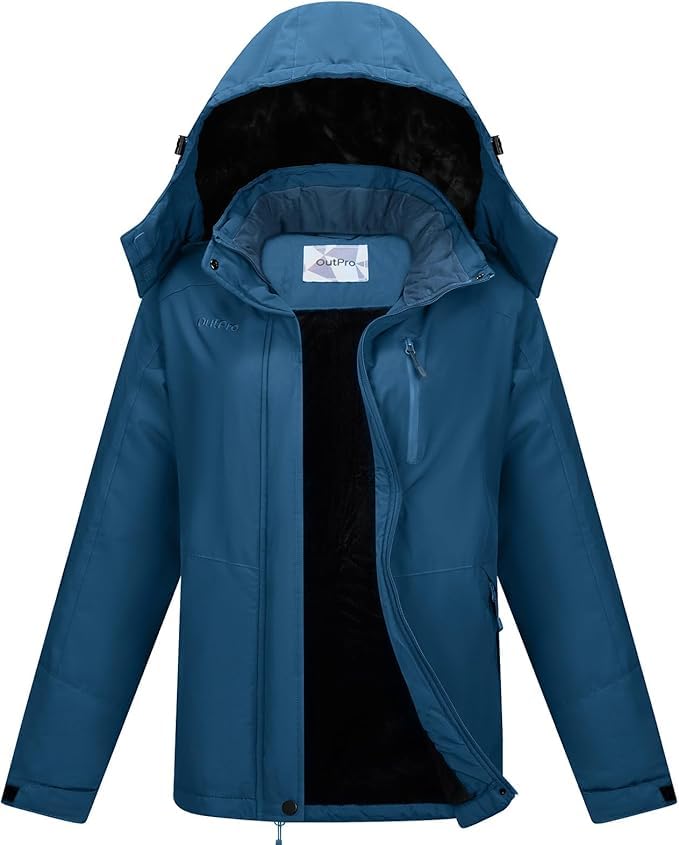OutPro Skijacke Damen mit Wasserdichte Regenjacke Winddicht Warm Winterjacke Hooded Abnehmbarer, mit Reißverschlusstaschen Snowboardjacke Geeignet für Outdoor-Aktivitäten, Skifahren Blau L