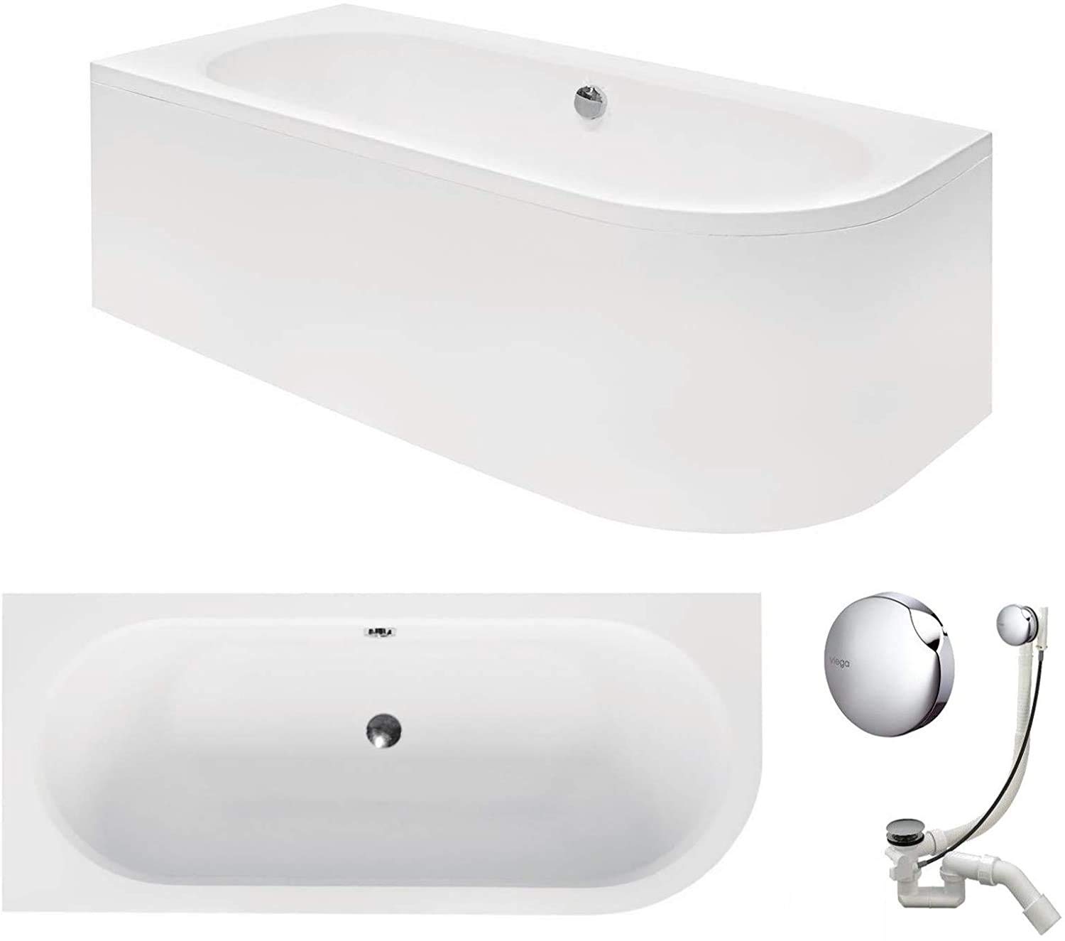 VBChome Badewanne 170x75 cm Acryl SET Schürze Siphon Wanne Ecke Eckbadewanne Antirutsch Weiß Design Modern Ablaufgarnitur Viega Simplex für 2 Personen (170x75 link)