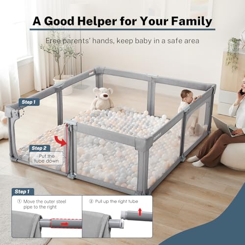 Image of Baby Playpen Portable, Pre-Assembled Play Pen 71x79 Large Foldable Playpen for Babies and Toddlers, Sturdy and Safe Toddler Play Yard Indoor Outdoor with Carry Bag,Light Grey