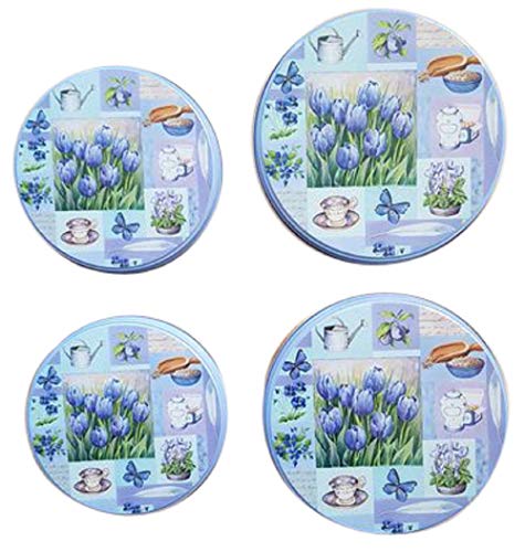 Herdabdeckplatten 4'er Set Küchen Herd Abdeckplatten Blumen Vögel Nostalgie (Blau)
