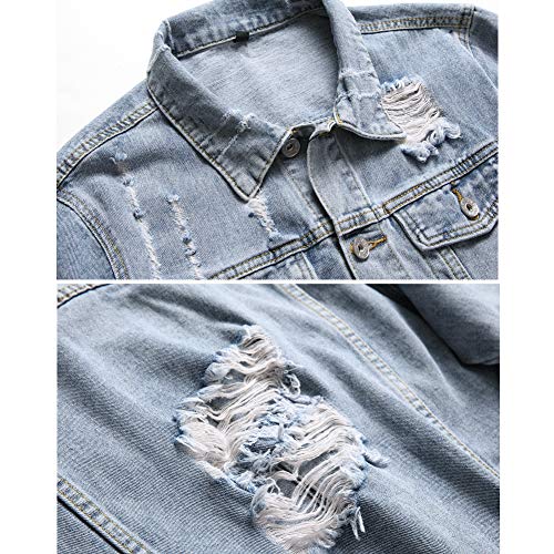 Image of LZLER Men's Denim Jackets Distressed Destroyed Classic Vintage Slim Fit Ripped Fashion Trendy Trucker Jean Jackets