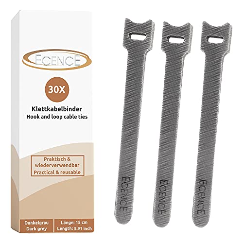 ECENCE Serre-câble réutilisable,set de 30 Colliers de serrage pour câbles cordons Universel pour fixation enchevêtrement de câbles, organisation du bureau, taille 15x1,2cm Gris Cover