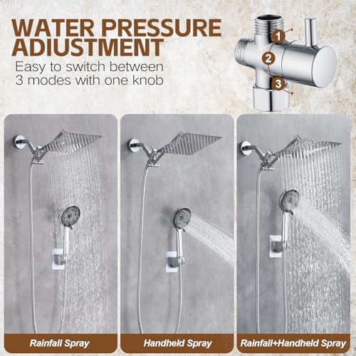 Image of Shower Head,10 inchRain Shower Head with Handheld Spray Combo and Adjustable Extension Arm /3-Way Flow Regulator /Shower System,High Pressure Rain Fall Hose,Chrome