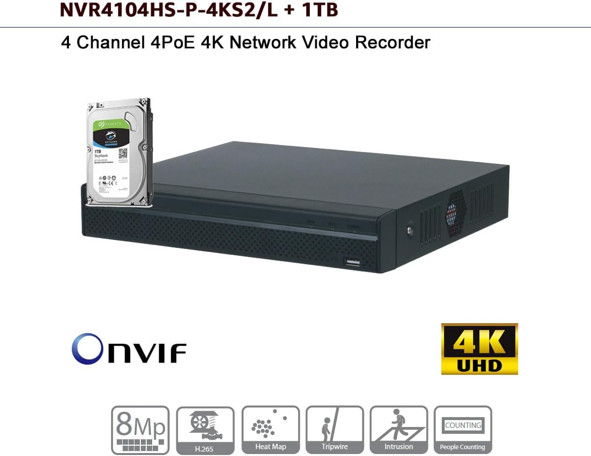 esecure NVR4104HS-P-4KS2/L 4CH 4POE 4K AI Lite Compact 1U NVR with 1TB Hard Drive Preinstalled, 4 Channel NVR Network Video Recorder