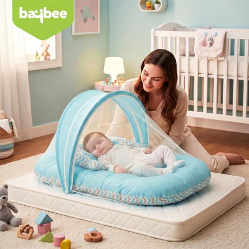 Image of BAYBEE Baby Bedding Set for New Born Baby, Bed Mattress with Mosquito Net & Neck Pillow, Sleeping Nest Travel, Infant Toddler Bed Set Gifts for Baby Boy Girl 0-6 Months (Blue)