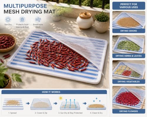 Image of Kuvru Cotton Drying Cloth with Net,Blue Stripe, 73 x 91 cm, Breathable, Washable, Reusable, for Papad, Vadagam, Spices, Millets,Sun dry Wadiyan or Badiyan and Sun Dry Mango for Pickle (BluStripe P1)