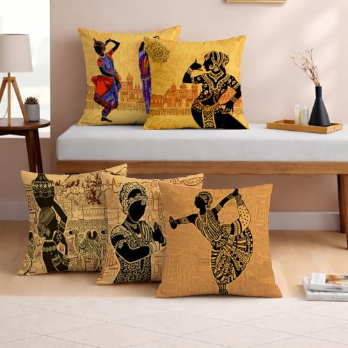 STITCHNEST Jute Indian Traditional Dance Bharatanatyam Printed Brown Cushion Covers, Set of 5 (12 x 12 Inches with Filler)