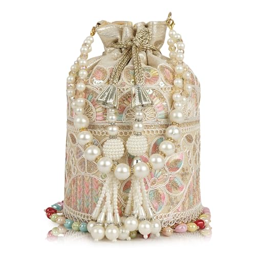 Image of Nevis Silk Fabric Embroidered Potli Bag with Pearl Beaded Handle | Designe Ethnic Drawstring Clutch for Wedding, Festive