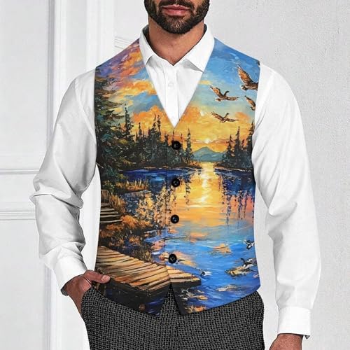 Lake Wooden House Ducks At Sunset Men's Formal Suit Vest for Business Formal Or Casual Dress Waistcoat Wedding2