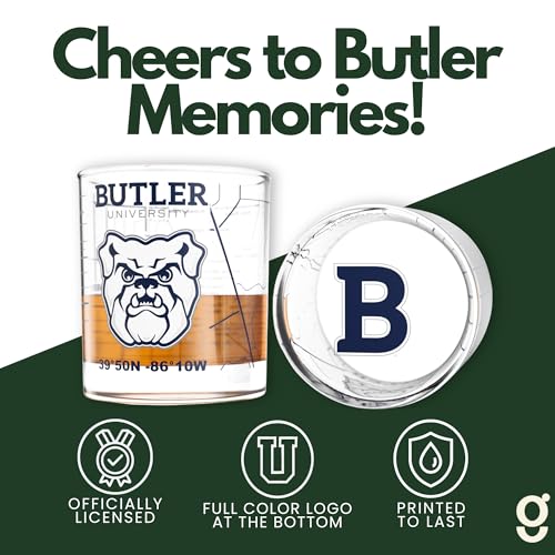 Image of Greenline Goods University of Butler Bulldogs Whiskey Glasses Set of 2, 10 oz Rocks Glasses with Full-Color Logo & Campus Map - Officially Licensed Bourbon Glass Gift for Alumni & Fans