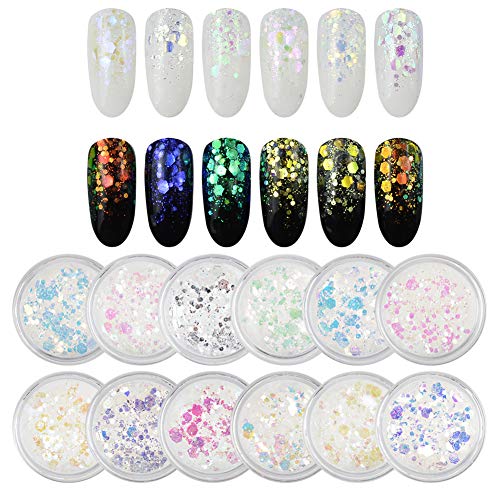 QIMEIYA 12 Pots Ongles Paillettes Glitter Nail Poudre Paillettes Irrégulières pour les ongles et le maquillage Cover