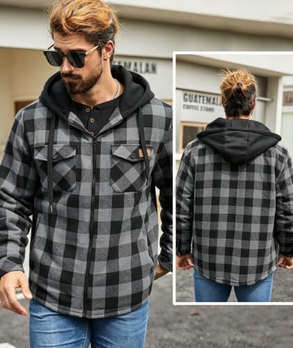 Image of V VALANCH Men's Flannel Shirt Jacket with Hood Fleece Lined Plaid Jacket Zip Up Winter Warm Coat