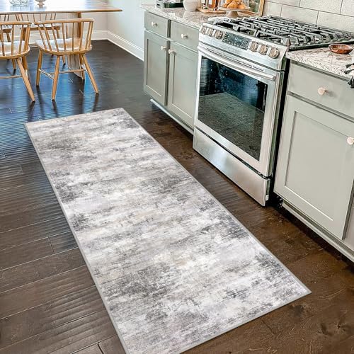 IOHOUZE Abstract Runner Rug 2x7 Ft Washable Runners for Hallways, Non Slip Kitchen Runner Printed Faux Wool Entryway Runners Indoor, Modern Abstract Floor Carpet for Hall Kitchen Bedroom, Grey Beige