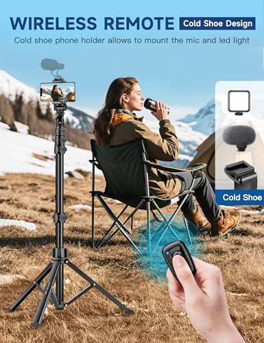 Image of Phone Tripod Stand, 85 inch Tall Cellphone Tripod for iPhone with Gooseneck Remote, Flexible Portable Phone Stand for Recording, Compatible with iPhone 14 13 12 Pro Android Camera