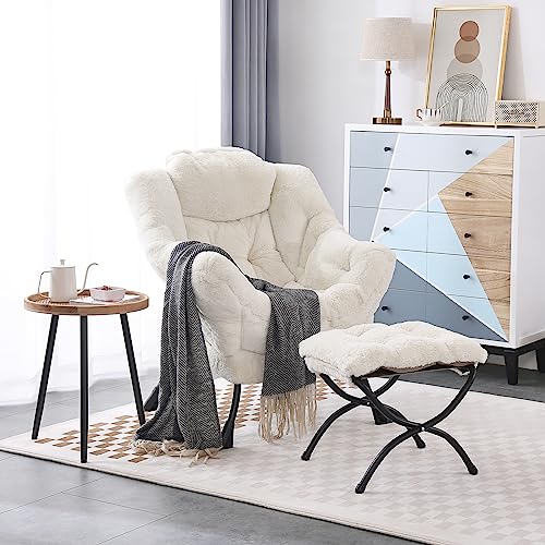 Image of LITA Lazy Chair with Ottoman, Modern Accent Leisure Upholstered Sofa Chair, Lounge Reading Chair with Armrests and a Side Pocket for Living Room, Bedroom & Small Space, Plush Beige