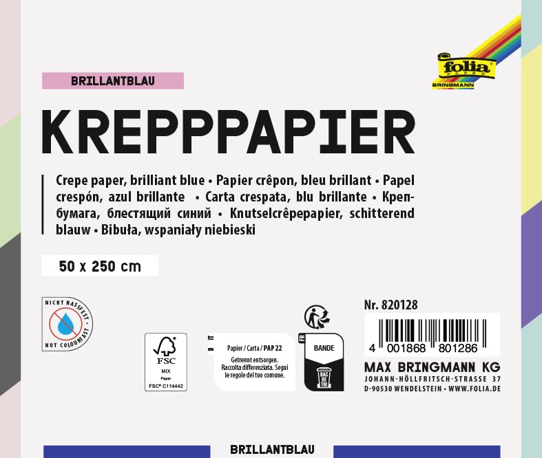 folia 820128 Crepe Paper, 10 Rolls in Brilliant Blue, Each Roll Approx. 50 x 250 cm, 32 g/m², Very Elastic and Thin Paper - Image 4