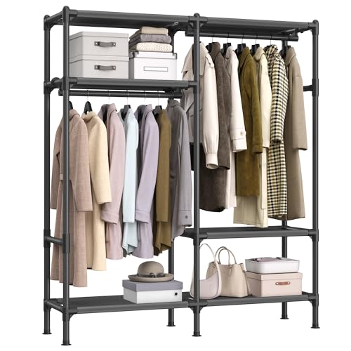 SONGMICS Heavy Duty Clothes Rack, 65 Inch Freestanding Portable Wardrobe with Hanging Rails and Shelves, Total Load 242 lb, Easy Assembly, for Cloakro