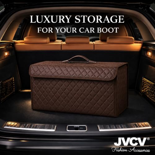 Image of JVCV PU Leather Car Trunk Boot Organizer Bag Box, With Lid Anti Slip Car Accessories Organizer, Foldable, Waterproof Storage Box for Car, Suv, Sedan, Truck, Minivan (Large - PU Leather - Brown)