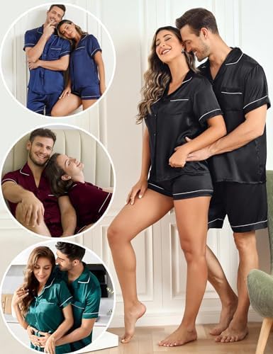 SWOMOG His And Hers Pajamas Sets Couples Satin Pj Set Sleep Wear Set for Women Button Up Pajamas Sleep Shorts Summer Lounge Sets Dark Green - Image 6