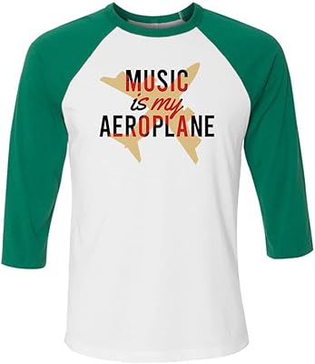 TeesAndTankYou Music is My Aeroplane Three-Quarter Raglan Sleeve Baseball Shirt Unisex Small White/Kelly