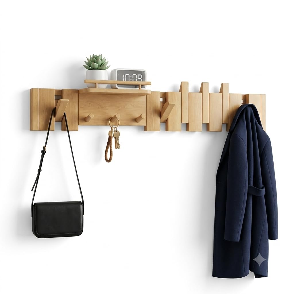 Perchero de Pared de Bambú Natural con Estante y Ganchos Plegables - Colgador de Pared Abatible Organizador para Entrada, Recibidor, Salón y Dormitorio 60cm.