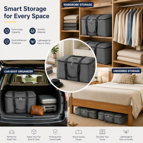 Image of M MEDLER STG-2K-GB Nylon 85 Liters Large Underbed Storage Bag Moisture Proof Cloth Organiser with Zippered Closure and Handle Grey 58x48x30cm Rectangular Pack of 2
