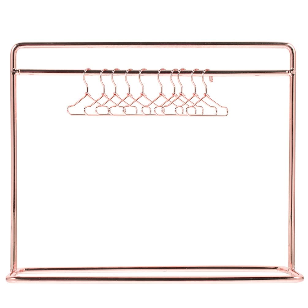 Alipis Doll Clothes Rack with 10Pcs Clothes Hanger, 10 Metal Doll Closet Mini Doll Garment Wardrobe Dress Storage Stand Dollhouse Accessories Mniature Furniture Decor (Roes Gold)