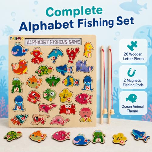 Image of NASHRIO Magnetic Wooden Alphabet Fishing Game for Kids Ages 3-5, ABC Letter Puzzle Board with 26 Sea Animal Pieces, Preschool Learning Fine Motor Toy for Boys Girls 3 4 5