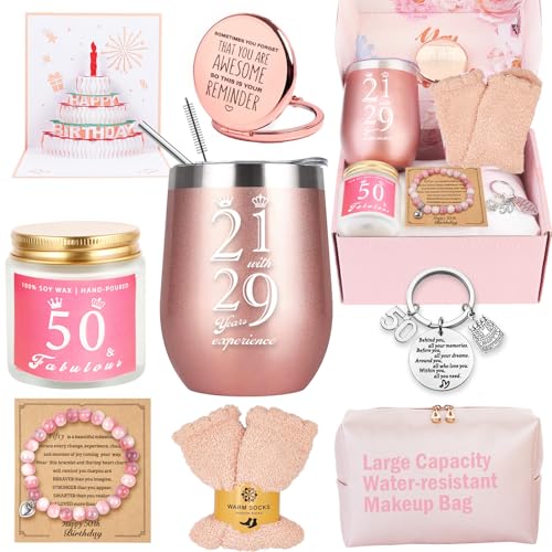 Awfrky Regalos de 50 cumpleaños para mujeres, cesta de feliz 50 cumpleaños, caja de regalo para mejores amigas, mujeres, mamá, esposa, hija, hermana, novia, compañera de trabajo, mejor amiga