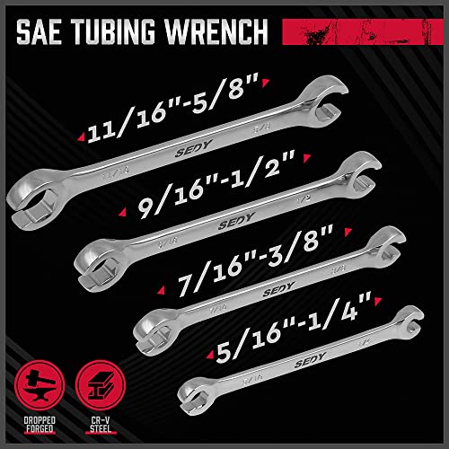 4-Piece Flare Nut Wrench Set - Sae Brake Line Wrench 1/4, 5/16, 3/8, 7/16, 1/2, 9/16, 5/8, 11/16-Inch, Professional Offset Heads, Portable Organizer Pouch Included #TOP3