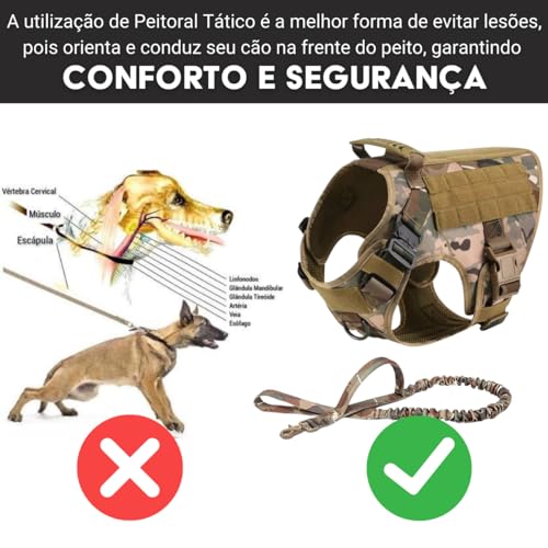 Coleira Peitoral Premium Tático K9 Fivela de Aço com Guia Giratória Para Cachorro Porte Grande Pasto