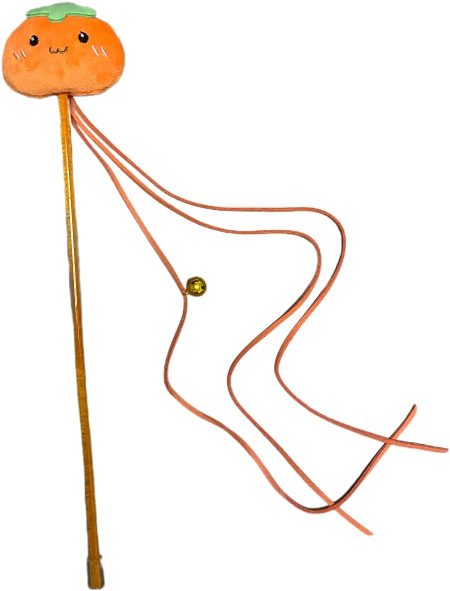 Interactive Cat Teaser Wand Toy – Orange Plush Head with Ribbons & Bell, Durable Cat Wand for Indoor Play, Exercise, and Bonding with Kittens & Cats