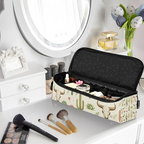Organizador para herramientas de cabello 2 en 1 y alfombrilla resistente al calor con cierre impermeable para planchas y accesorios de cuidado capilar con diseño de calavera de toro occidental y cactus miniatura 7