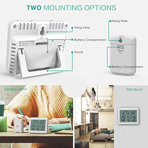 Oria Indoor Outdoor Thermometer, Digital Hygrometer Thermometer, Wireless Temperature And Humidity Gauge Monitor With 3 Sensors, Lcd Backlight For Home, Office, Bedroom, White #TOP2