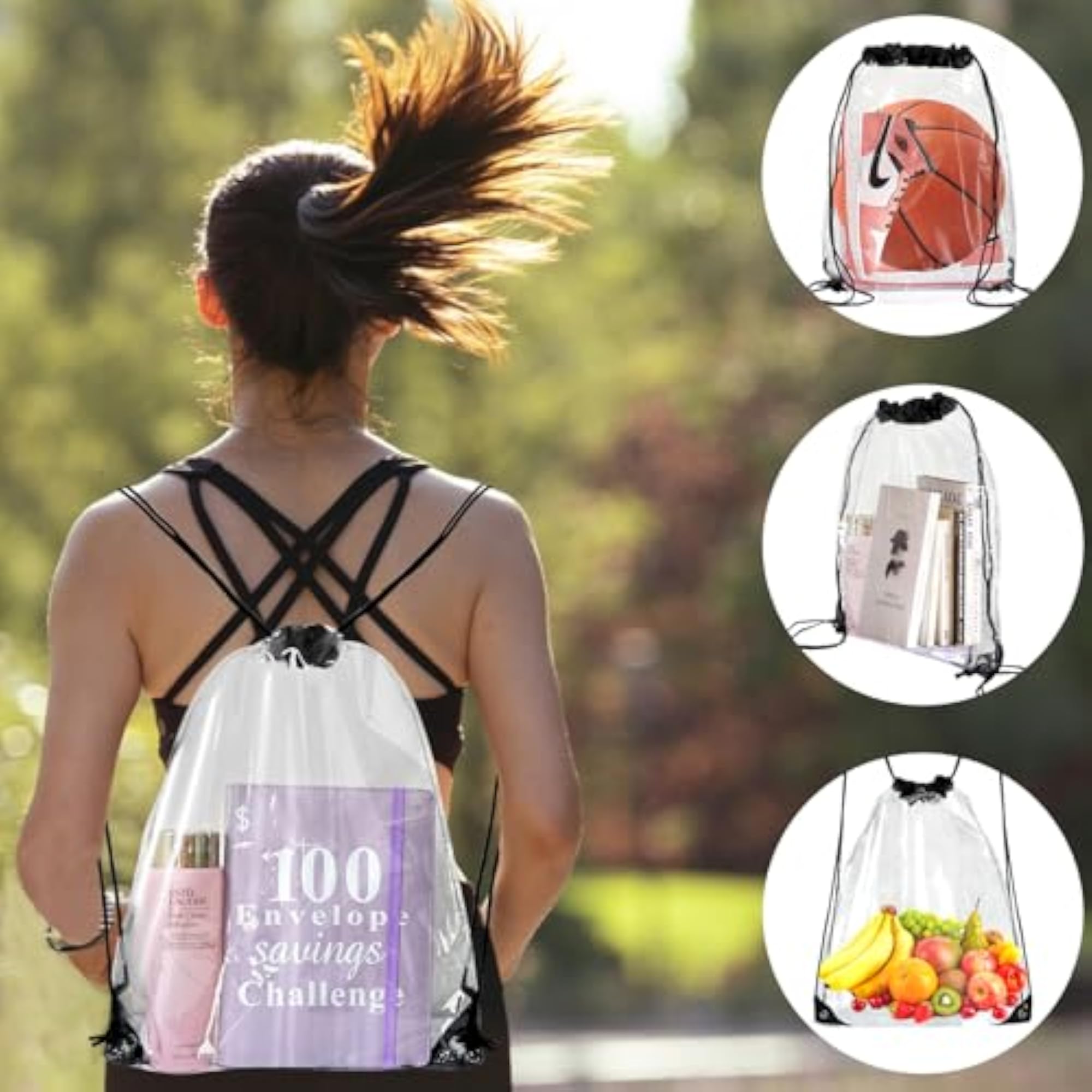 Pack of 4 Transparent Drawstring Backpacks, Clear Bags