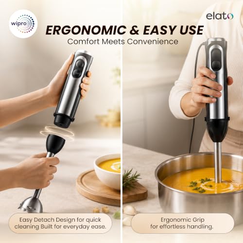 Image of Wipro Elato FMB 201 Hand Blender|Powerful 200 Watt Copper Motor With Rust Free Steel Arm|Dual Mode Multi-functional|Four In One Blade-Churn, Whip,Blend &Whisk|Sleek & Ergonomic|Black|2- Year Warranty