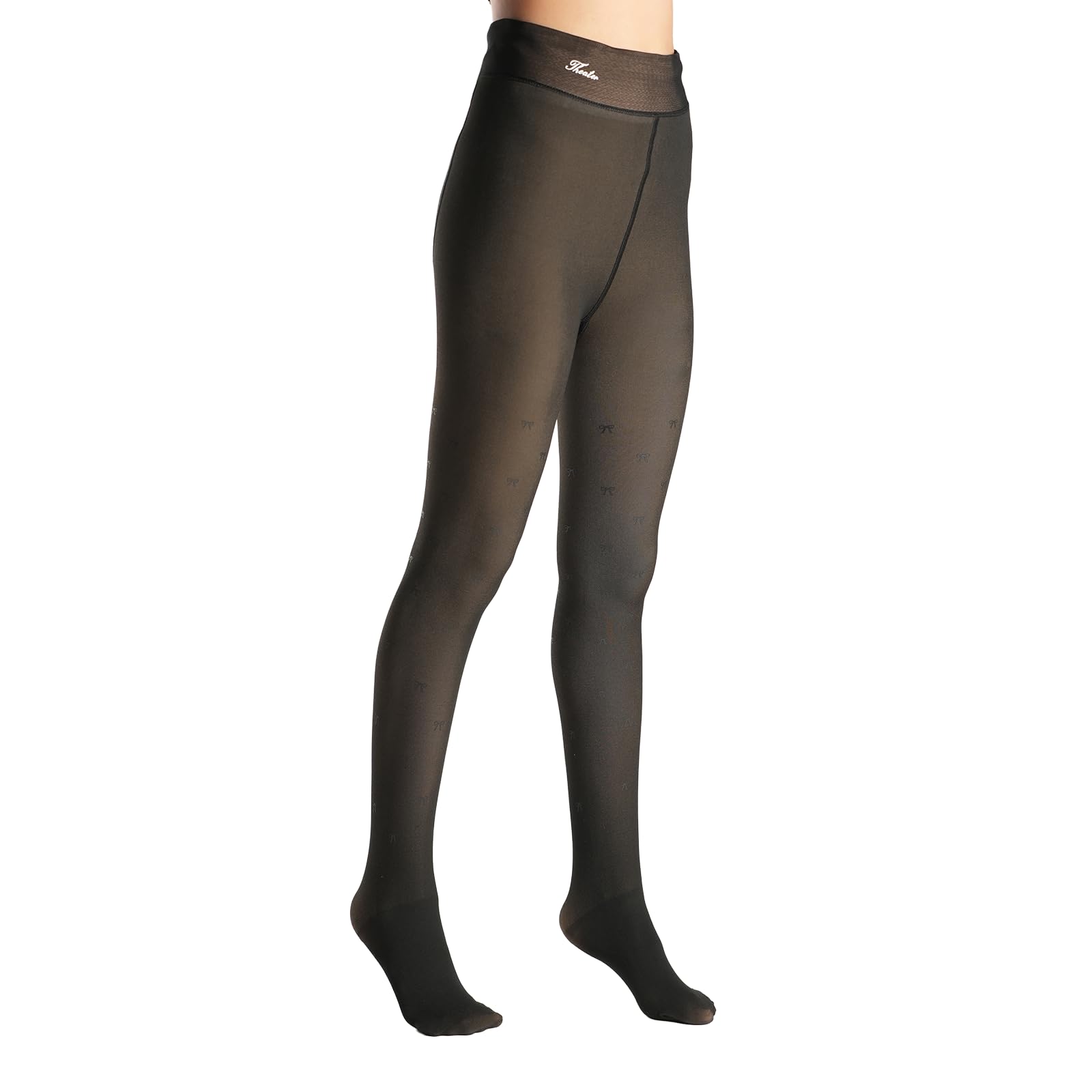 theater Black Sheer Fur Ribbons Stockings for Women | Fleece Lined Warm Free Size Tights with Soft Waistband-picture-0