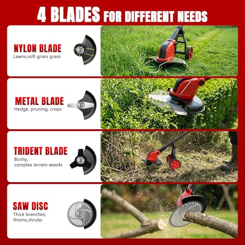 Image of 20000 RPM Electric Weed Wacker with Wheel,12″ Brushless Cordless Weed Eater Battery Powered, 4-in-1 Brush Cutter /String Trimmer /Grass Trimmer /Lawn Mower,Edger Stringless Weed Trimmer,5 Blade,2 Battery