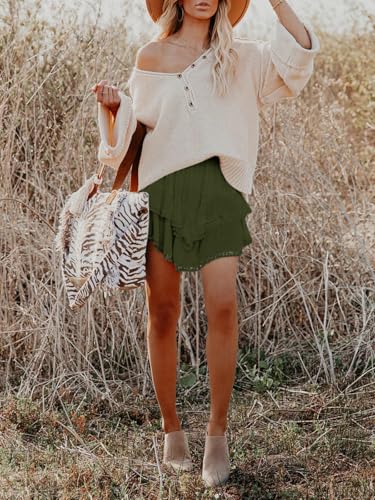 Image of Aoudery Flowy Shorts for Women Casual Boho Ruffle Tiered Skorts High Waist Mini Skirts Golf Tennis Crochet Shorts