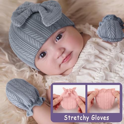 Image of BQUBO Newborn Baby Hats Bear Ears and Mittens Sets Preemie Caps Baby Boy Girl Infant Hospital Beanie for 0-3 Months