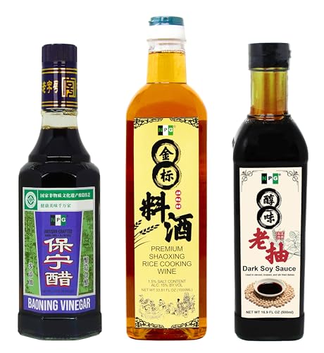 NPG Baoning Vinegar 16.9 Fl Oz, Premium Shaoxing Cooking Wine 33.81 Fl Oz (1000ml), and Premium Dark Soy Sauce 16.9 Fl Oz